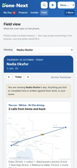 The field view on a phone: today's jobs with addresses and times