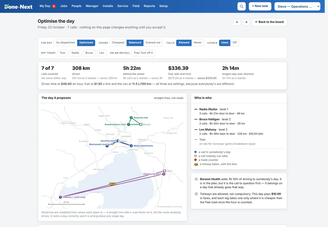 The service day board with the optimiser's proposal open